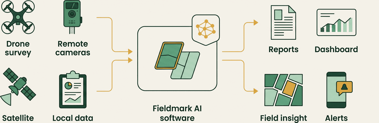 Drone survey, remote cameras, satellite and local data feed into Fieldmark AI software, which produces reports, a dashboard, field insight and alerts.